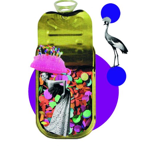 Collage van Yotka Kroeze (2024) over bevrijding van zware lasten en het vieren van het leven. De afbeelding toont een vrouw met een speldenkussen op haar hoofd die gebukt loopt, met achter haar een sardineblikje gevuld met confetti. De vogel symboliseert vrijheid.